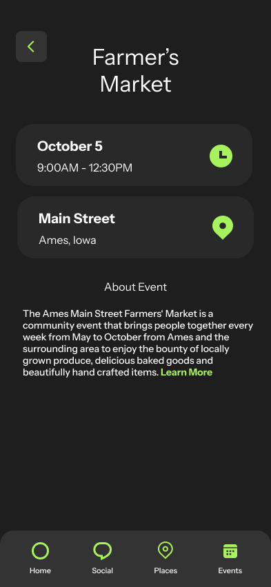 High fidelity app design for Reconnect events page